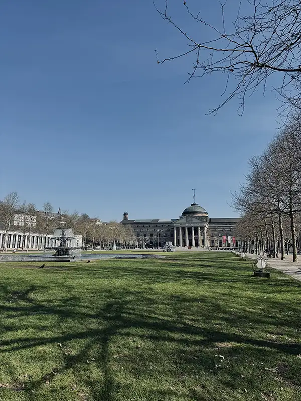 Parkanlage mit grüner Wiese, im Hintergrund ein großes klassizistisches Gebäude mit Säulen