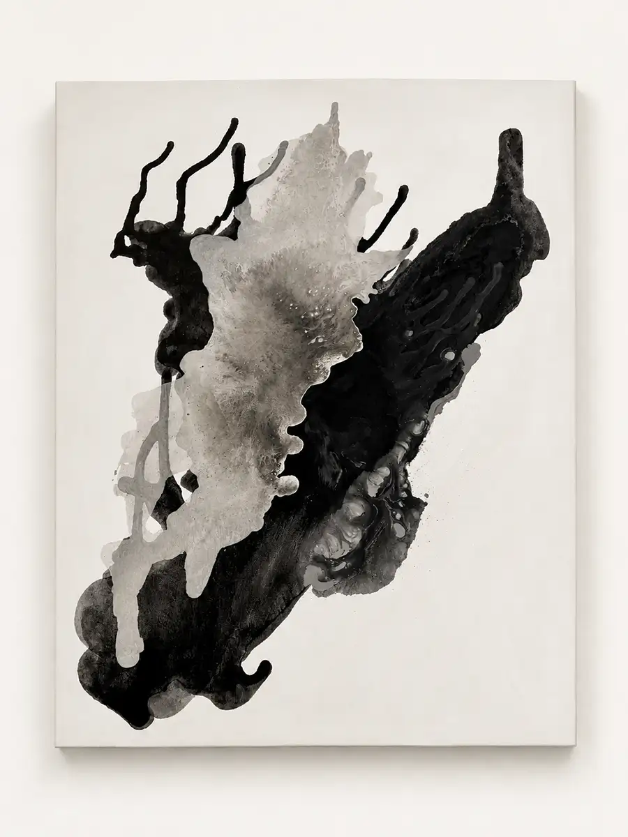 Abbildung des Kunstwerks "Verletzlichkeit" auf Leinwand, Mixed Media, 2025, von Kate Schön in den Farben Schwarz, weiß und beige.